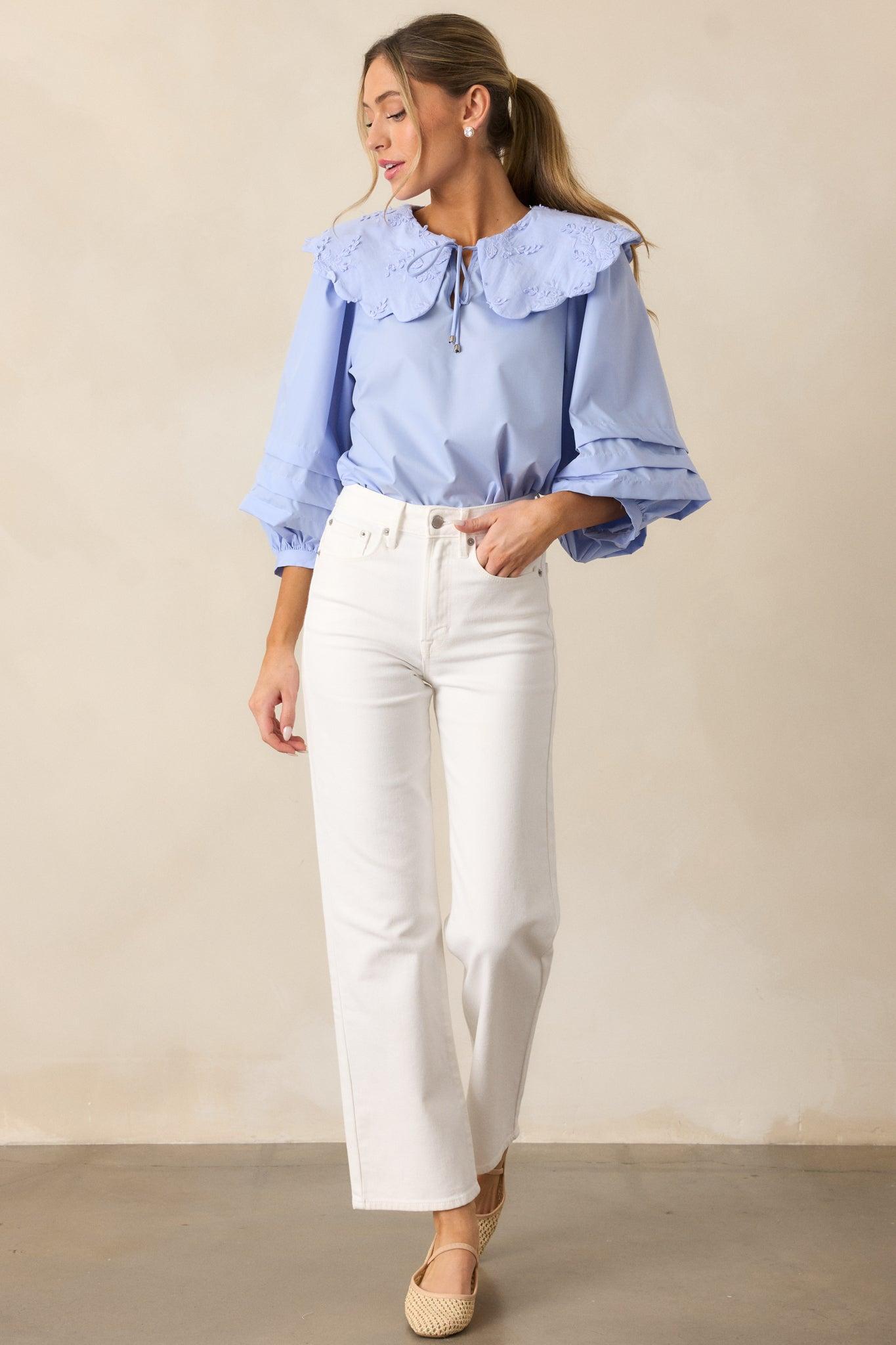 Walk With Me Sky Blue Floral Embroidered Blouse Product Image