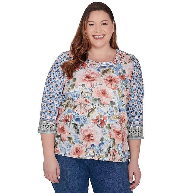 Plus Size Alfred Dunner Watercolor Floral Geo 3/4-Sleeve Top, Womens Product Image