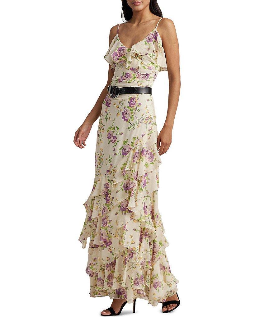 Lauren Ralph Lauren Crinkle Georgette Floral Print V-Neck Sleeveless Ruffle Gown Product Image