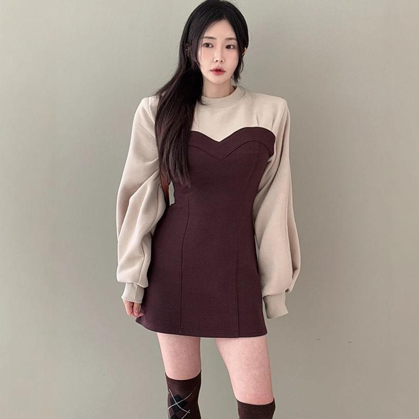 Long Sleeve Crew Neck Mock Two Piece Mini A-Line Dress Product Image