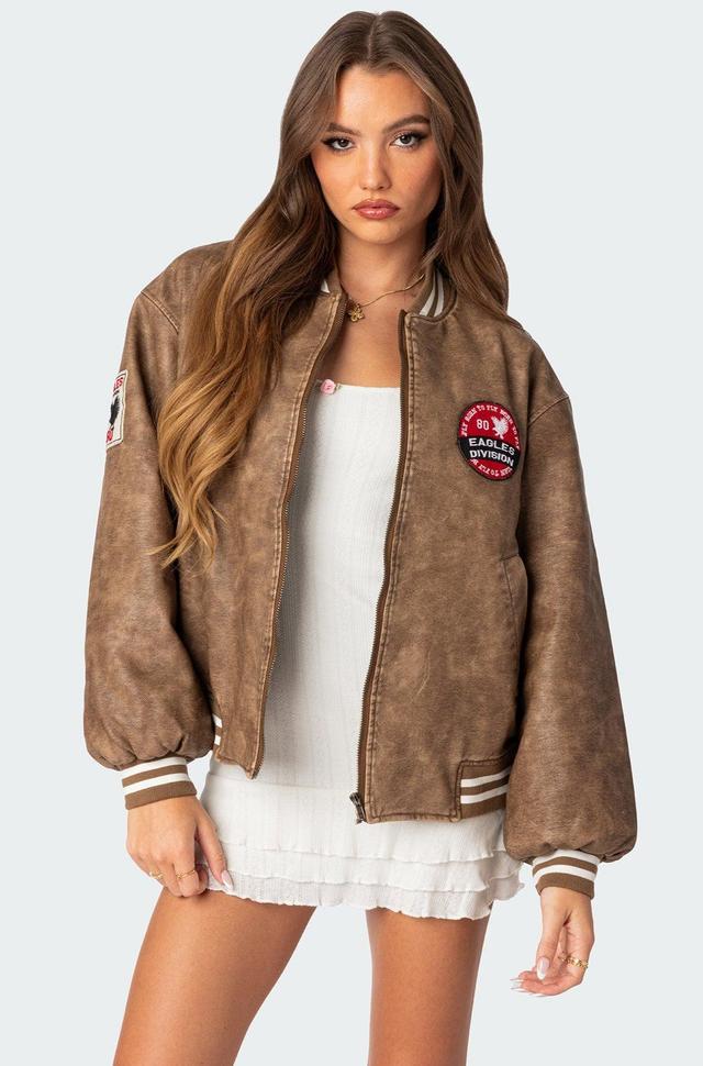 Washed Faux Leather Bomber Jacket Product Image