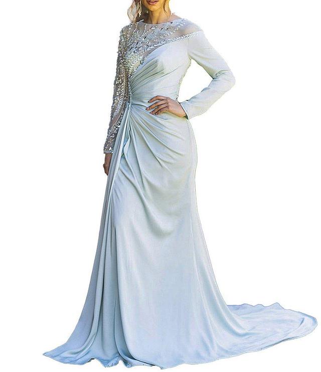 Terani Couture Satin Jersey Beaded Illusion Round Neck Long Sleeve Gown Product Image