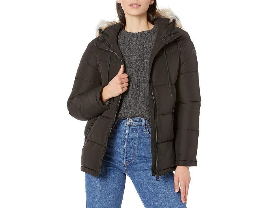 Calvin Klein Short Faux Fur Trimmed Puffer Women's Clothing Product Image