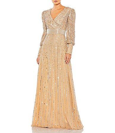 Mac Duggal Sequin Wrap Bodice Long Bishop Sleeve Gown Product Image