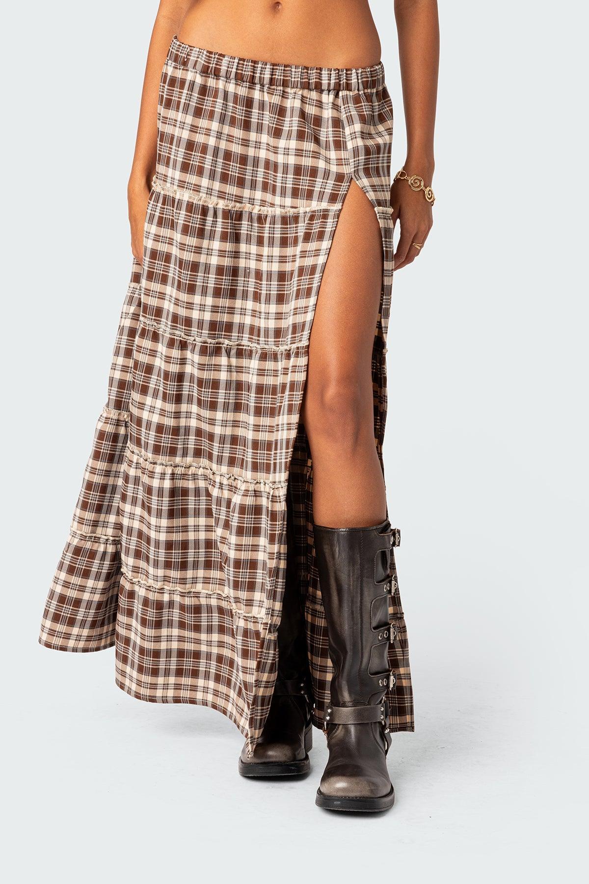 Plaid Side Slit Tiered Maxi Skirt Product Image