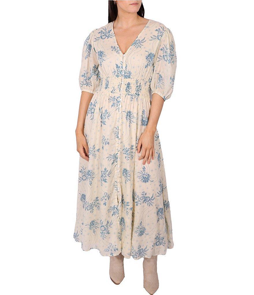 Talisman V-Neck Short Puff Sleeve Bluebell Print Halo Maxi Dress Product Image