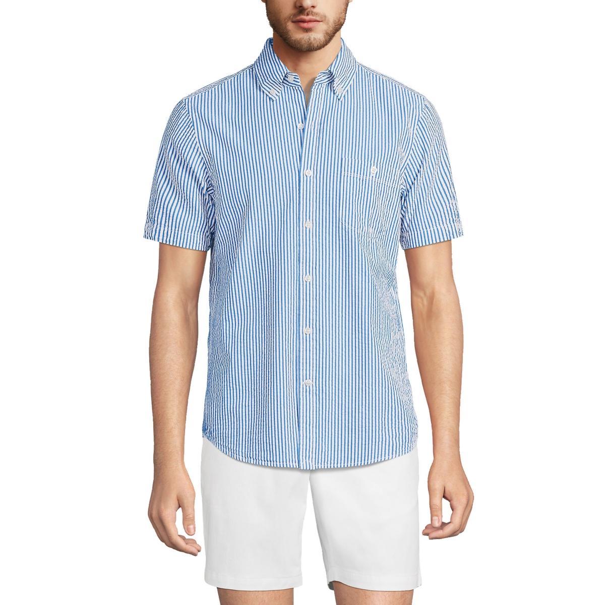 Tall Lands End Traditional-Fit Button-Down Seersucker Shirt, Mens Blue Pin Stripe Product Image