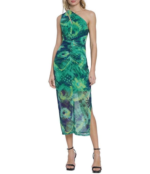 Donna Morgan Printed Power Mesh One Shoulder Sleeveless Cutout Ruched Midi Dress Product Image