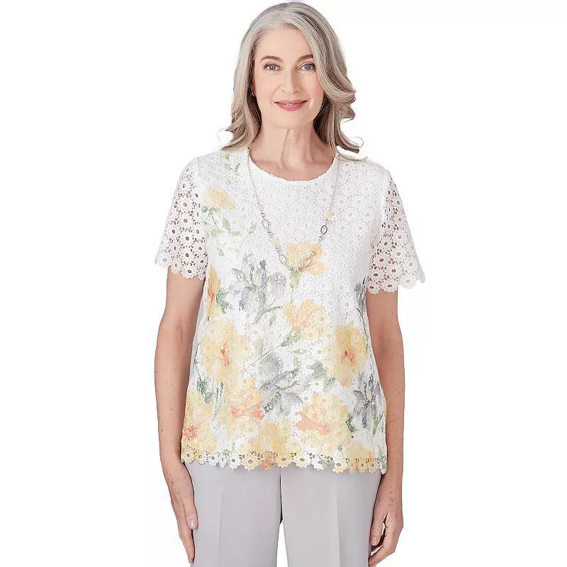 Petite Alfred Dunner Short Sleeve Floral Lace Top with Detachable Necklace, Womens Product Image