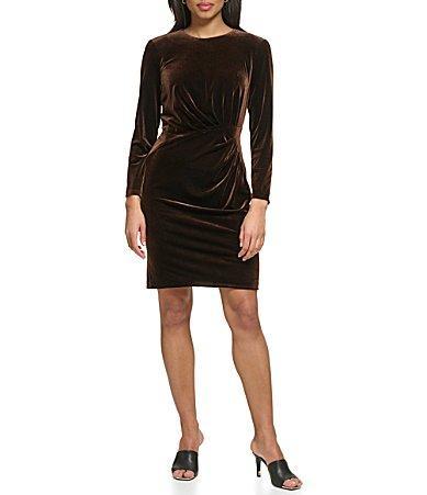 DKNY Velvet Crew Long Sleeve Ruched Bodice Sheath Dress Product Image