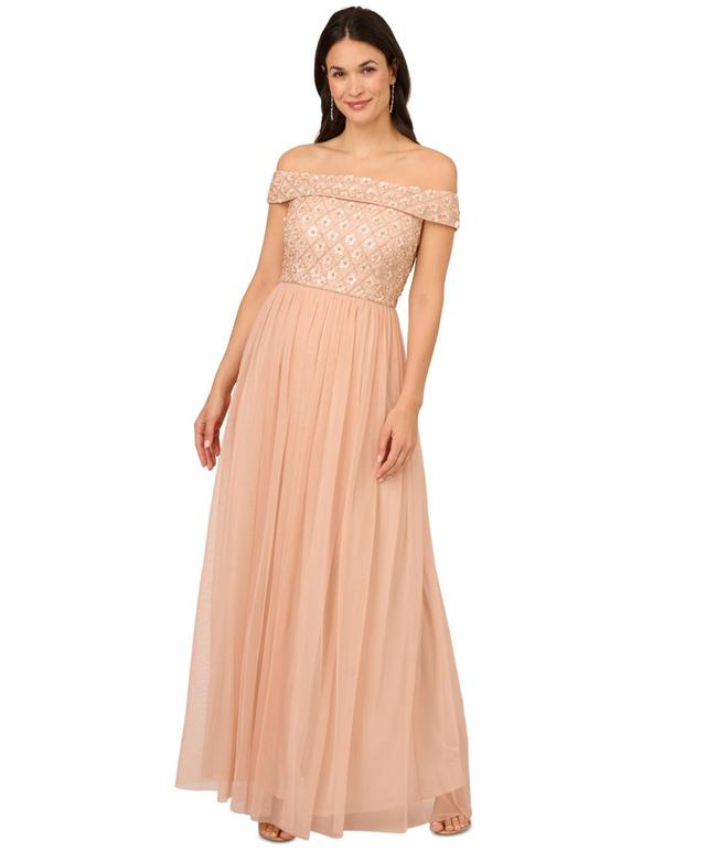 Adrianna Papell Womens Beaded Off-The-Shoulder Gown Product Image