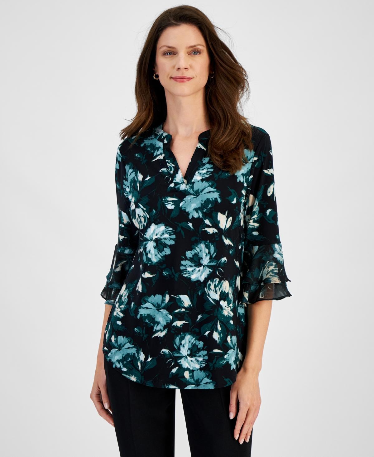 Kasper Womens Floral Print Split-Neck Bell-Sleeve Blouse product image