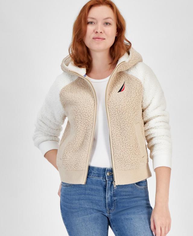 Nautica Jeans Womens Colorblocked Zip-Up Sherpa Jacket - Light Fawn Product Image