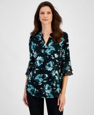 Kasper Womens Floral Print Split-Neck Bell-Sleeve Blouse Product Image