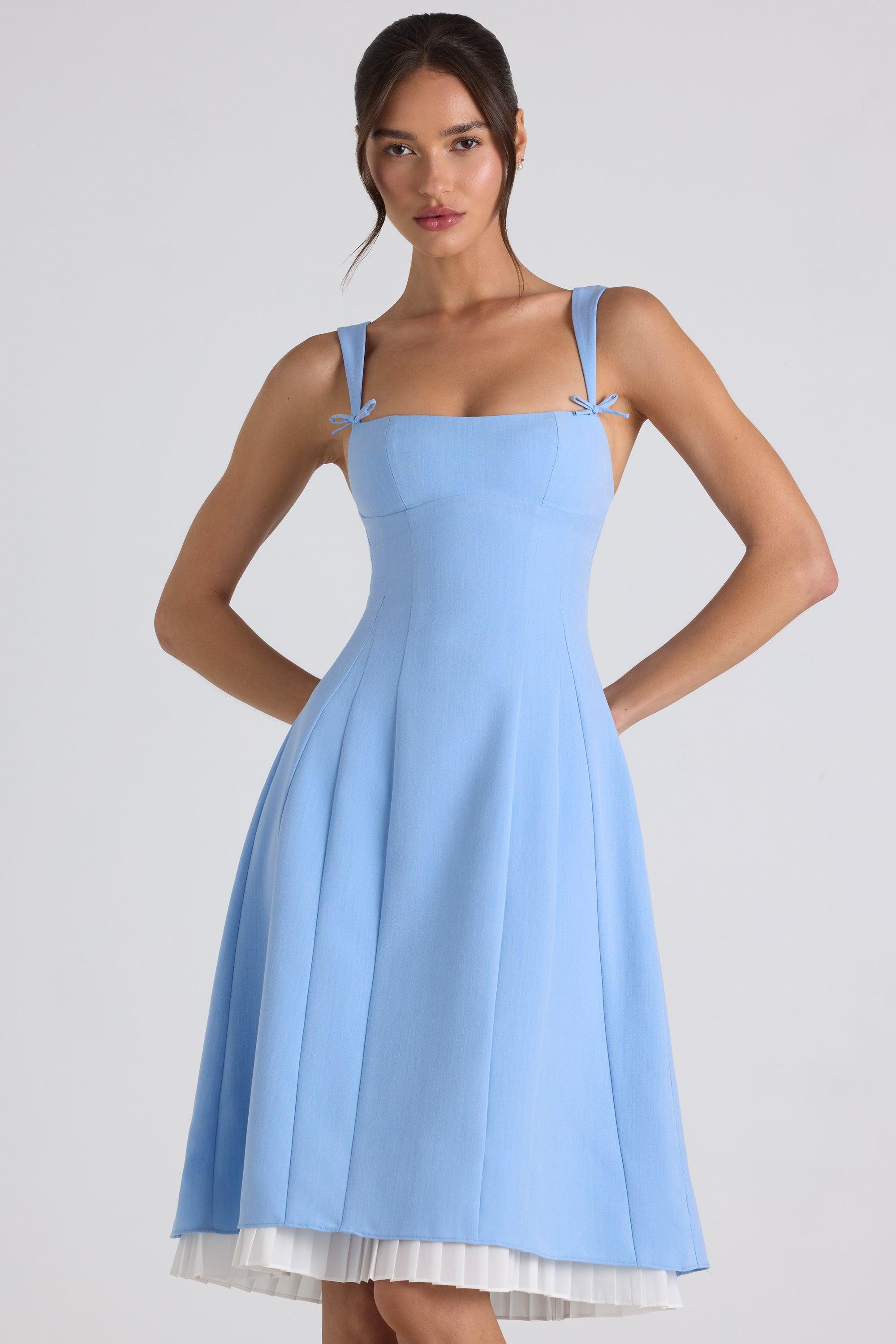 Bow-Detail Pleated A-Line Midi Dress in Sky Blue Product Image