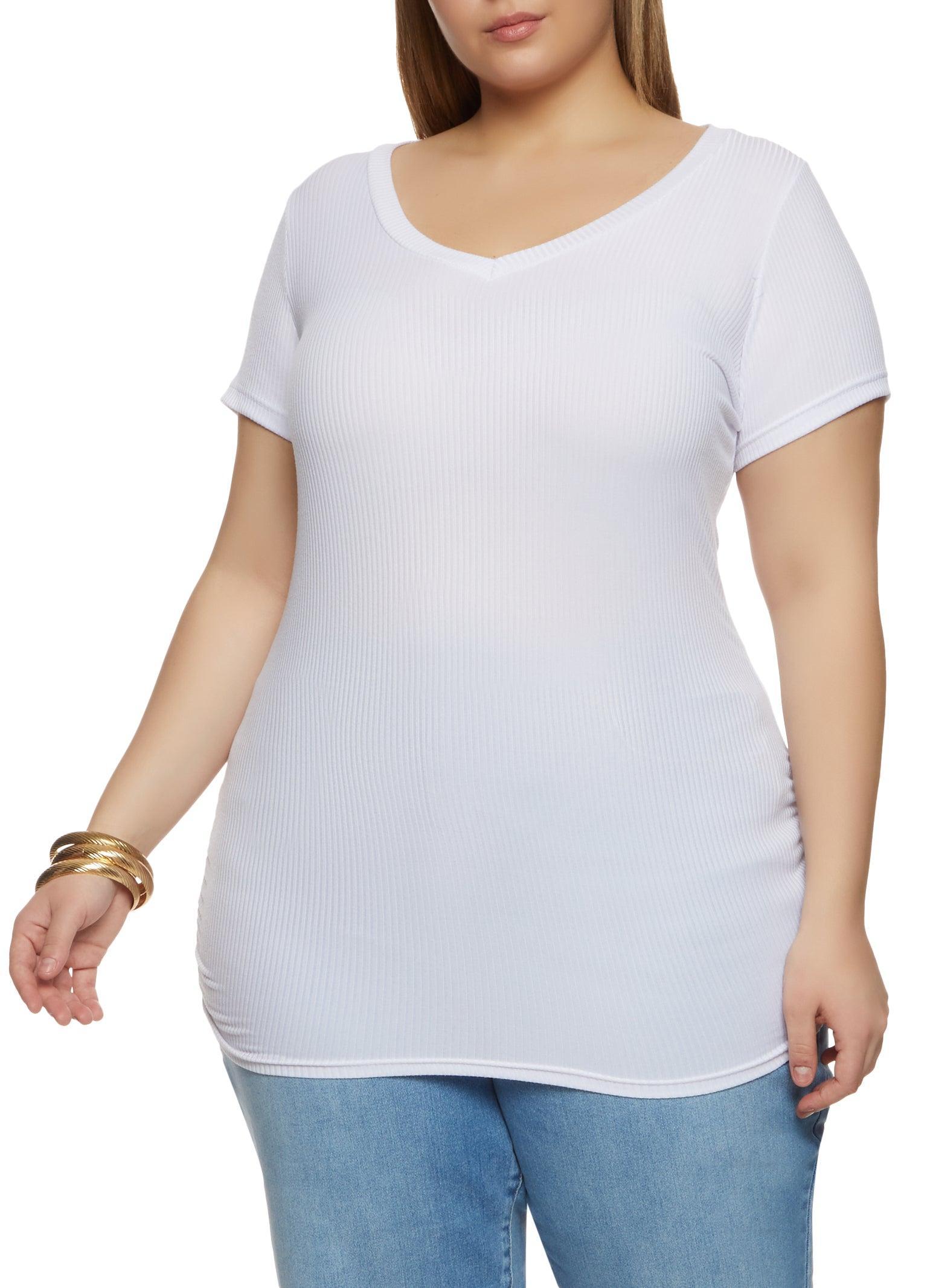 Womens Plus Size Rib Knit Ruched Side V Neck Tee Product Image