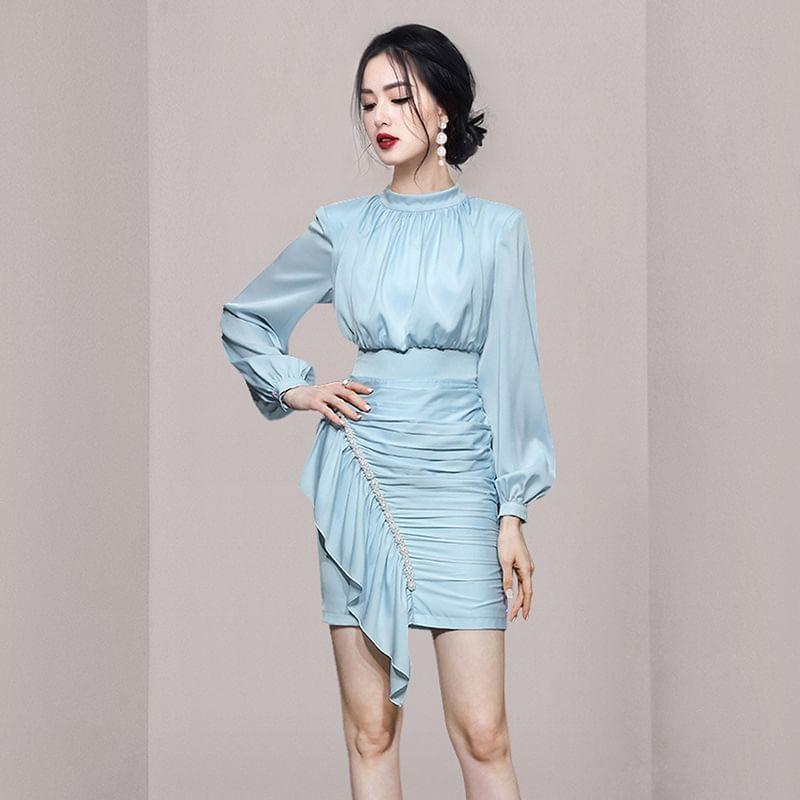 Long-Sleeve Mock Neck Plain Ruched Ruffle Trim Rhinestone Mini Sheath Dress Product Image