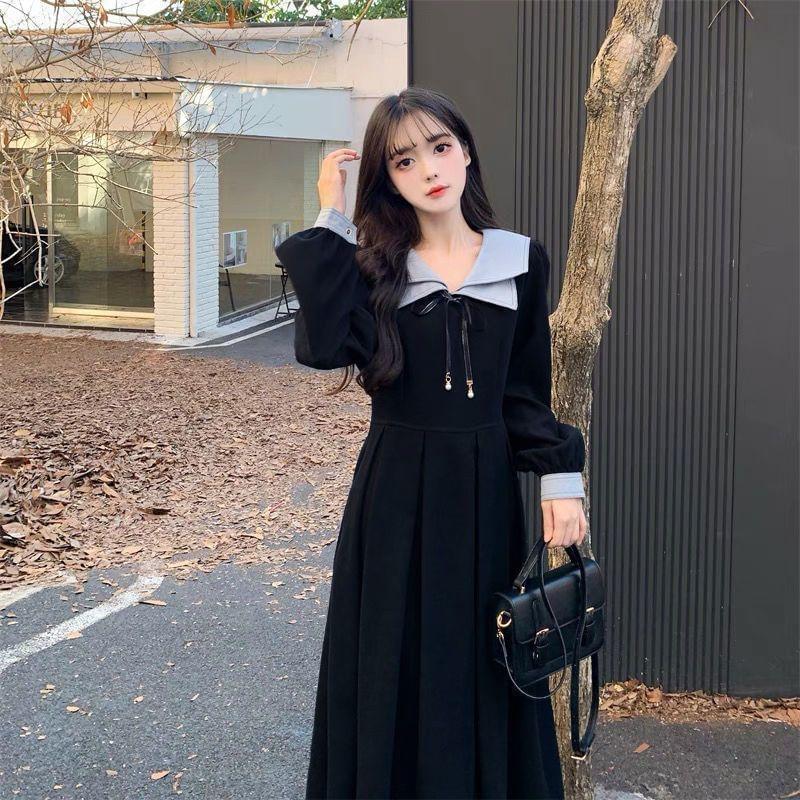 Long-Sleeve Collar Two Tone Bow Midi A-Line Dress Product Image