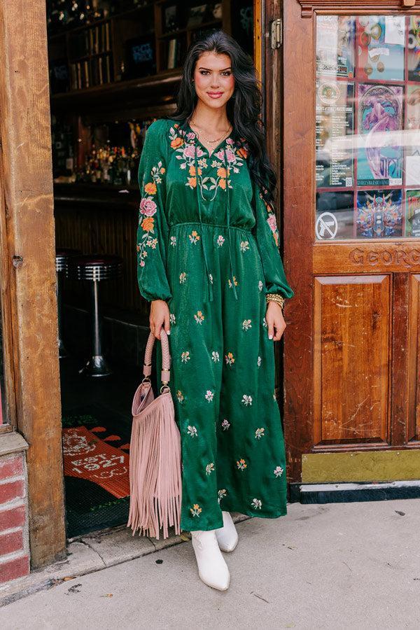 Whispering Sweet Nothings Embroidered Maxi In Hunter Green Product Image