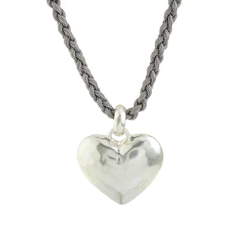 Bella Uno Worn Silver Braided Cord Hammered Metal Heart Pendant Necklace, Womens Silver Tone Product Image