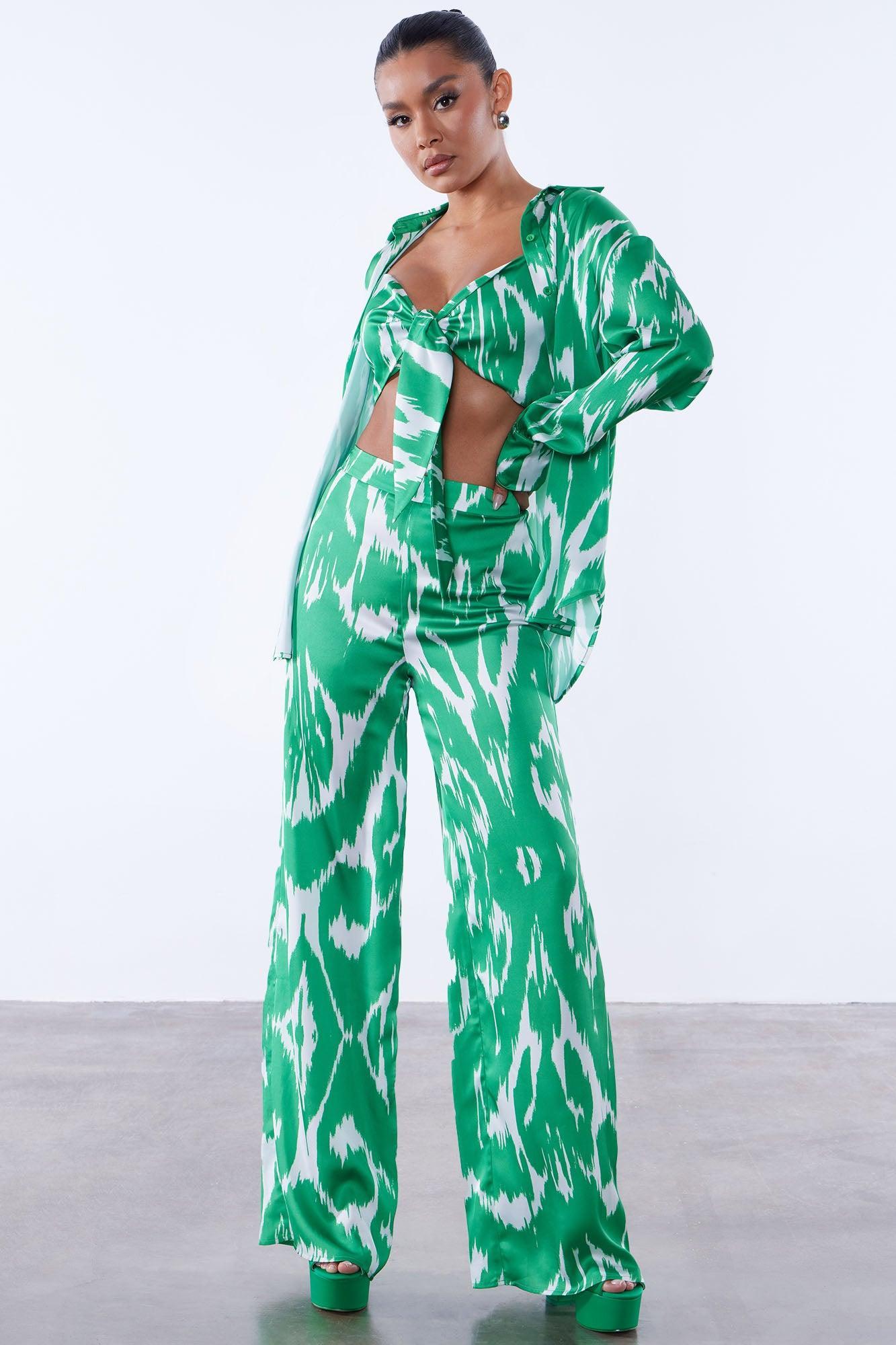 Nina Satin Wide Leg Pant - Green/combo product image