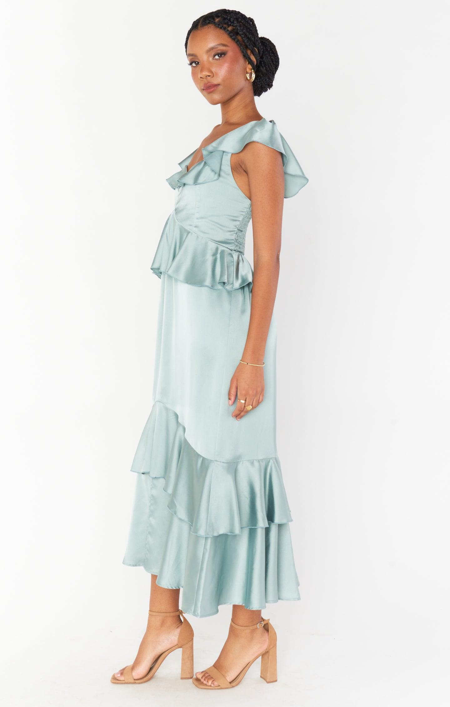 Reese Ruffle Dress ~ Silver Sage Luxe Satin Product Image