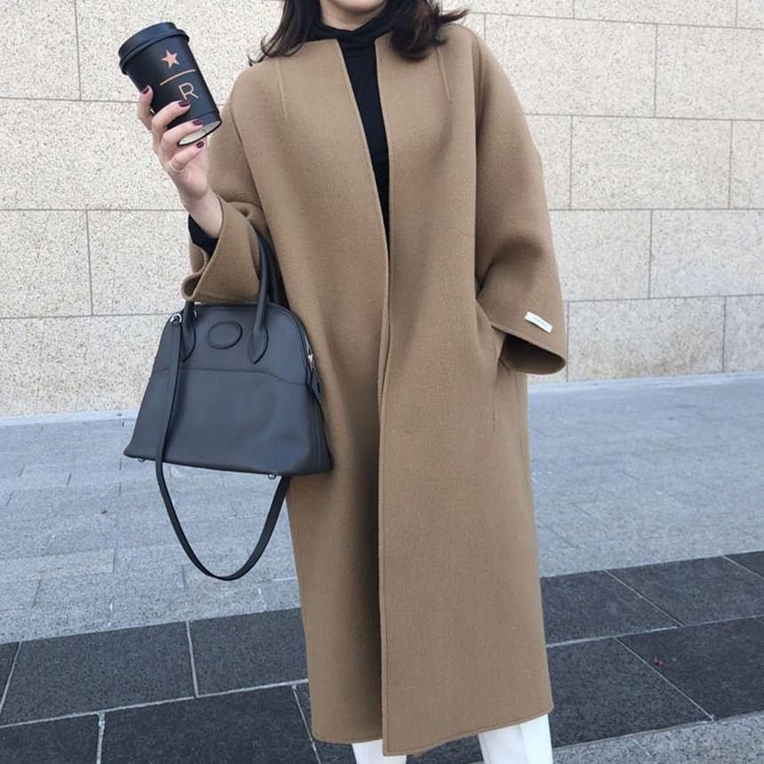 Collarless Plain Open Front Long Coat Product Image