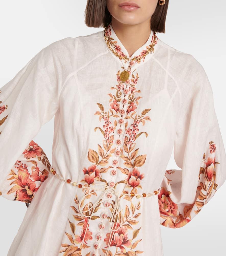 Womens Peach Floral Vacay Floral-print Ballon-sleeve Linen Midi Dress Product Image