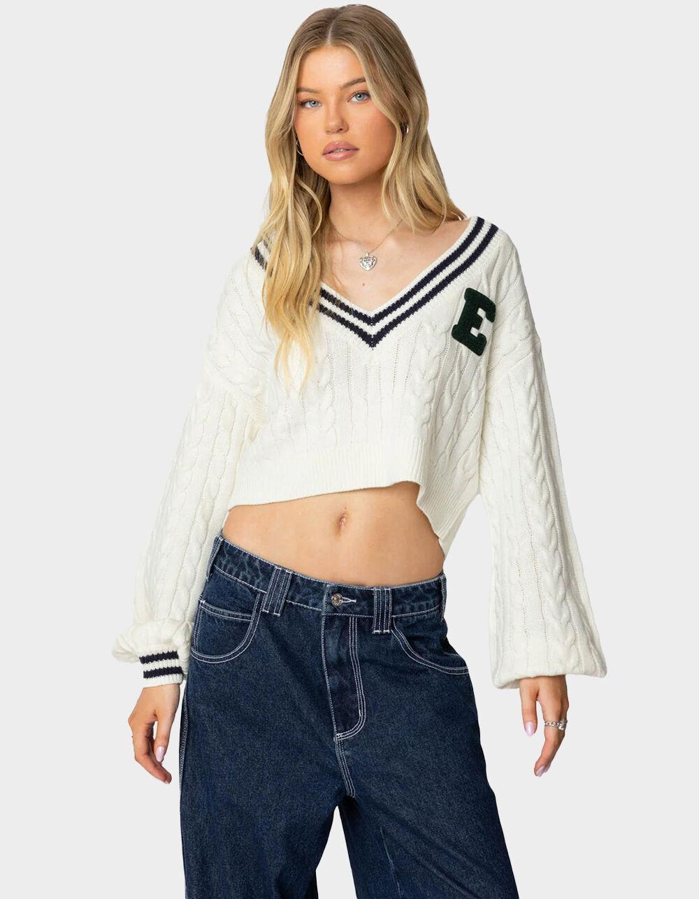 EDIKTED Collegiate Cropped Cable Knit Sweater Product Image