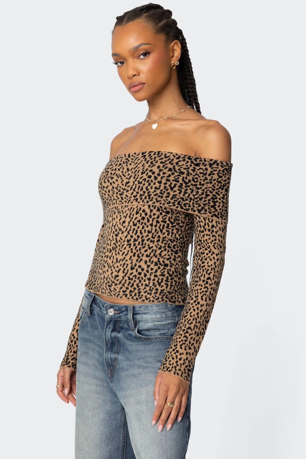 Leopard Printed Fold Over Knit Top Product Image