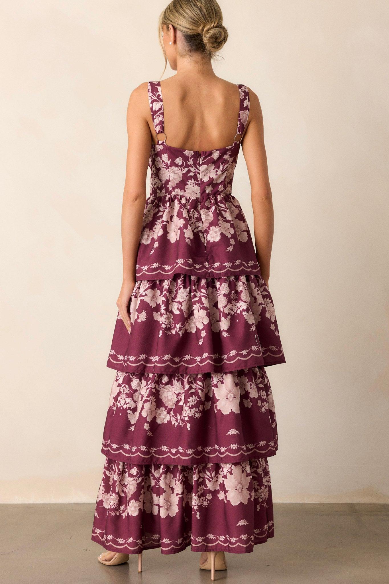 Sweet Reminiscence Wine Floral Tiered Maxi Dress Product Image