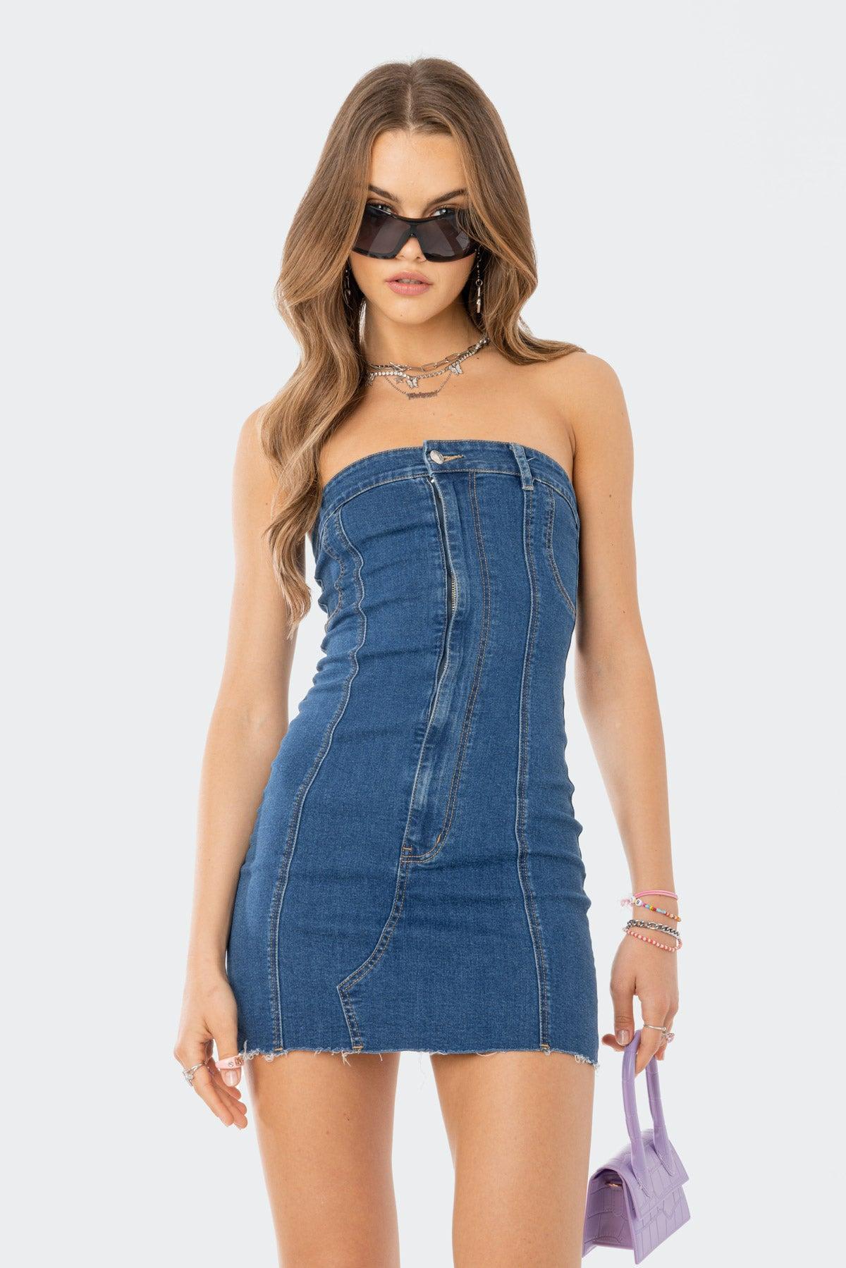 Ebony Strapless Denim Mini Dress Product Image