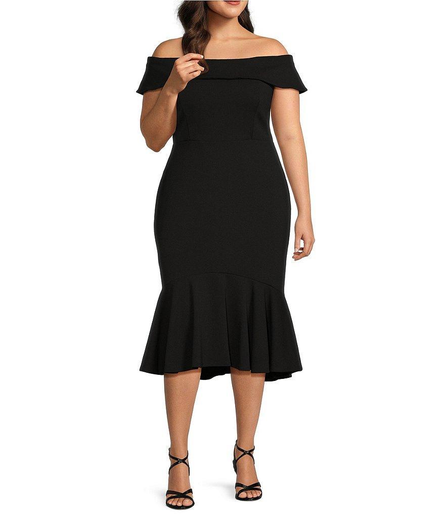 Marina Plus Size Sleeveless Off-The-Shoulder Flounce Hem Crepe Midi Fit and Flare Dress Product Image