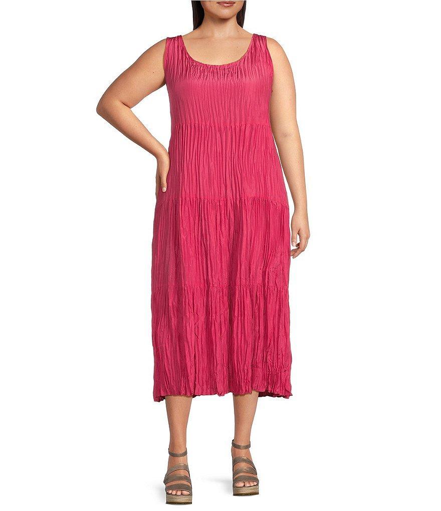 Eileen Fisher Plus Size Crinkle Silk Scoop Neck Sleeveless A-Line Tiered Midi Dress Product Image