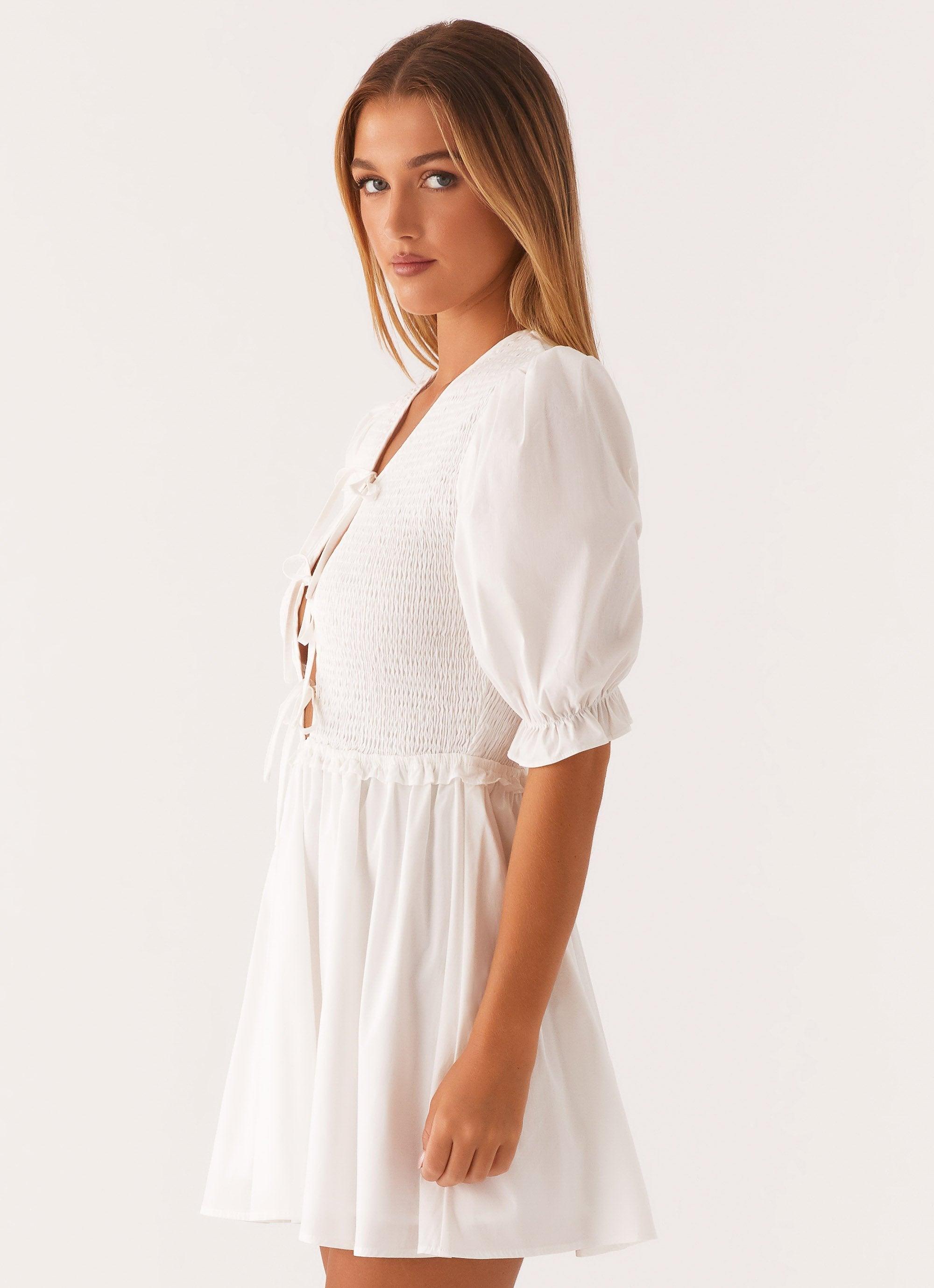 Milana Shirred Puff Sleeve Mini Dress - White Product Image