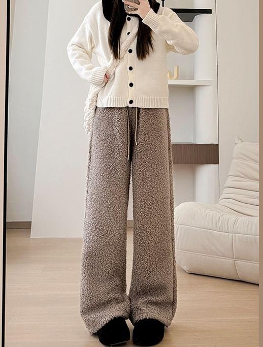 Drawstring Waist Plain Fleece Wide Leg Pants Product Image