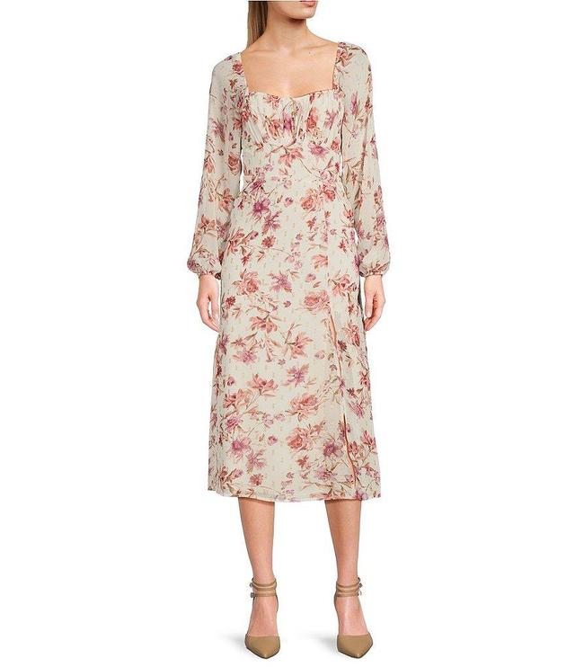 City Vibe Floral Print Tie Front Long Sleeve Midi Dress Product Image