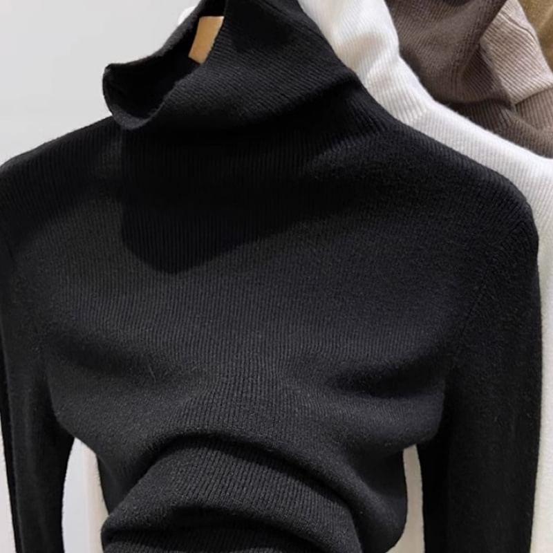 Long-Sleeve Mock Neck Plain Knit Top Product Image