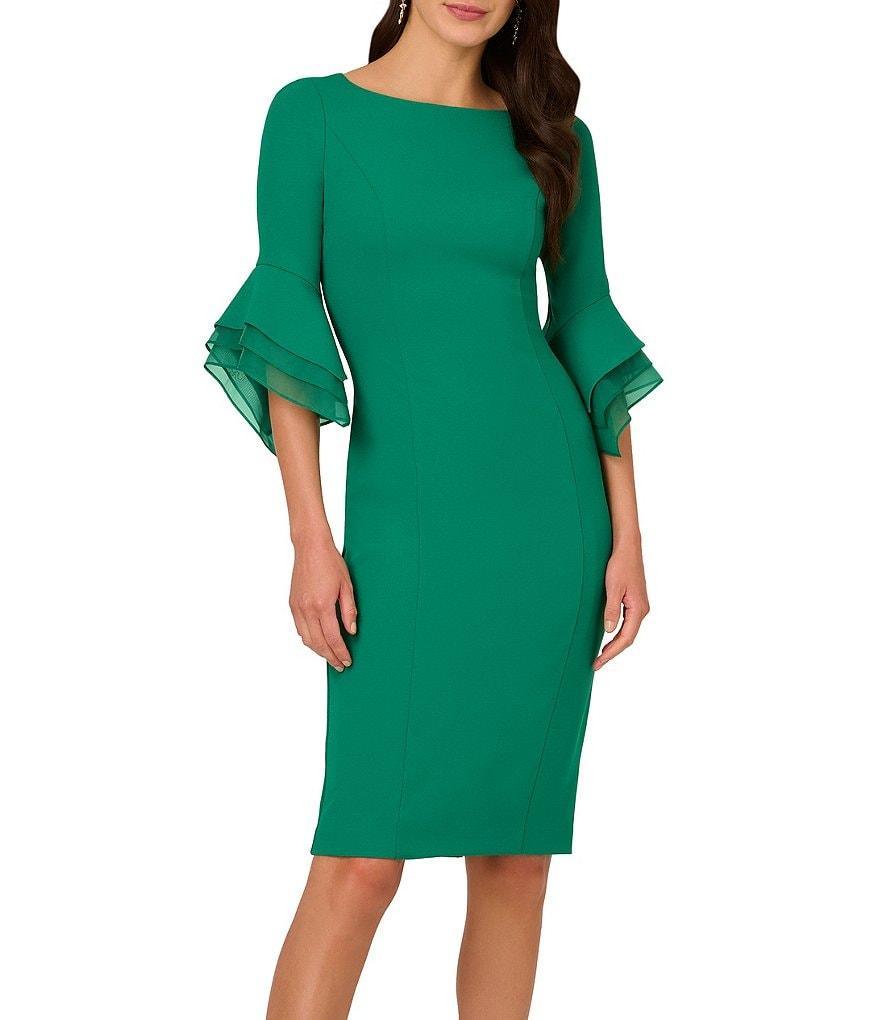 Adrianna Papell Stretch Crepe 3/4 Bell Sleeve Boat Neck Sheath Dress product image