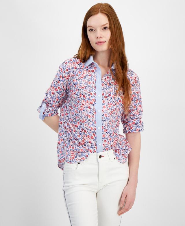 Tommy Hilfiger Womens Cotton Floral Roll-Tab Shirt - Brtwht Product Image