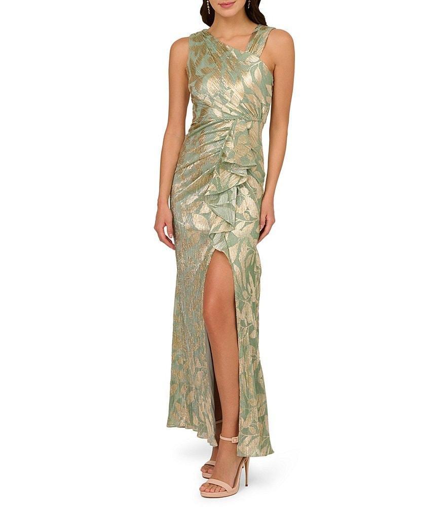 Adrianna Papell Metallic Asymmetrical Neck Sleeveless Gown Product Image