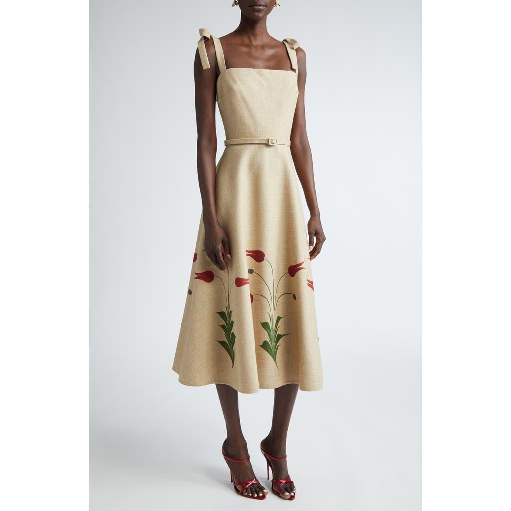 OSCAR DE LA RENTA Tulip-printed Canvas Midi Dress In Linen/red Product Image