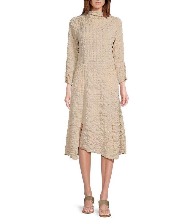 IC Collection Textured Bubble Check Pucker Woven Mock Neck 3/4 Sleeve Asymmetrical Hem Midi A-Line Dress Product Image