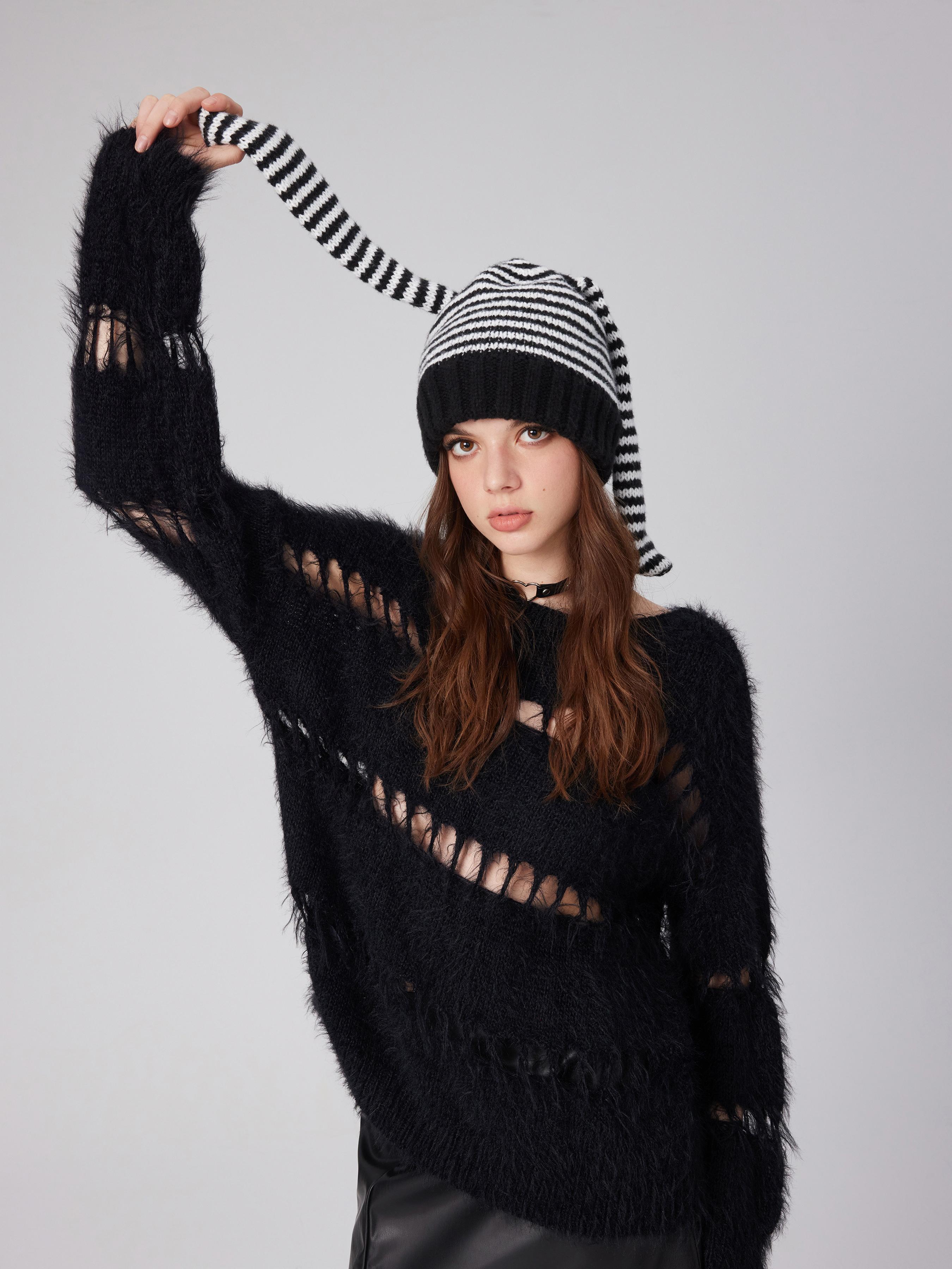 STRIPED RABBIT EAR KNITTED BEANIE HAT Product Image