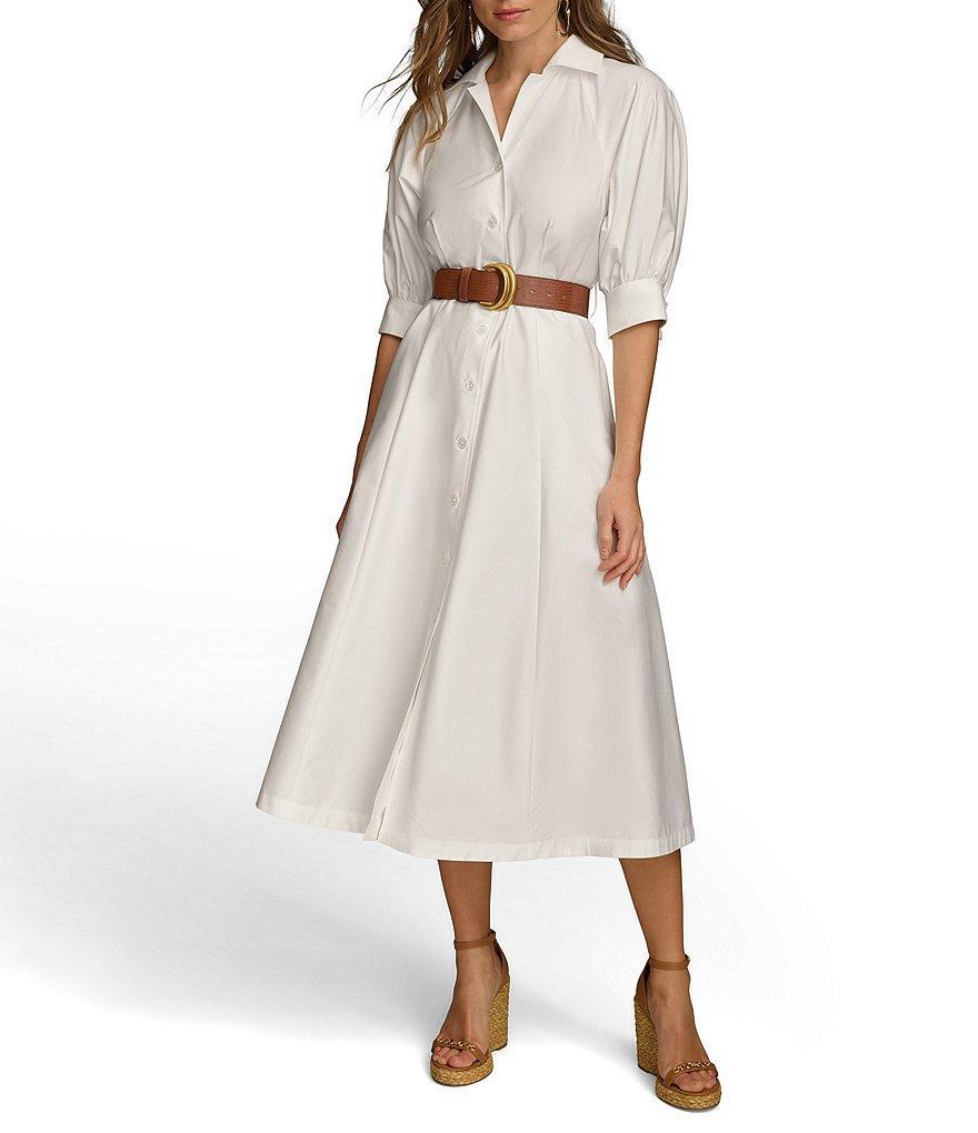 Donna Karan 3/4 Sleeve Collared Neck Belted Pocketed Sateen Midi Dress Product Image