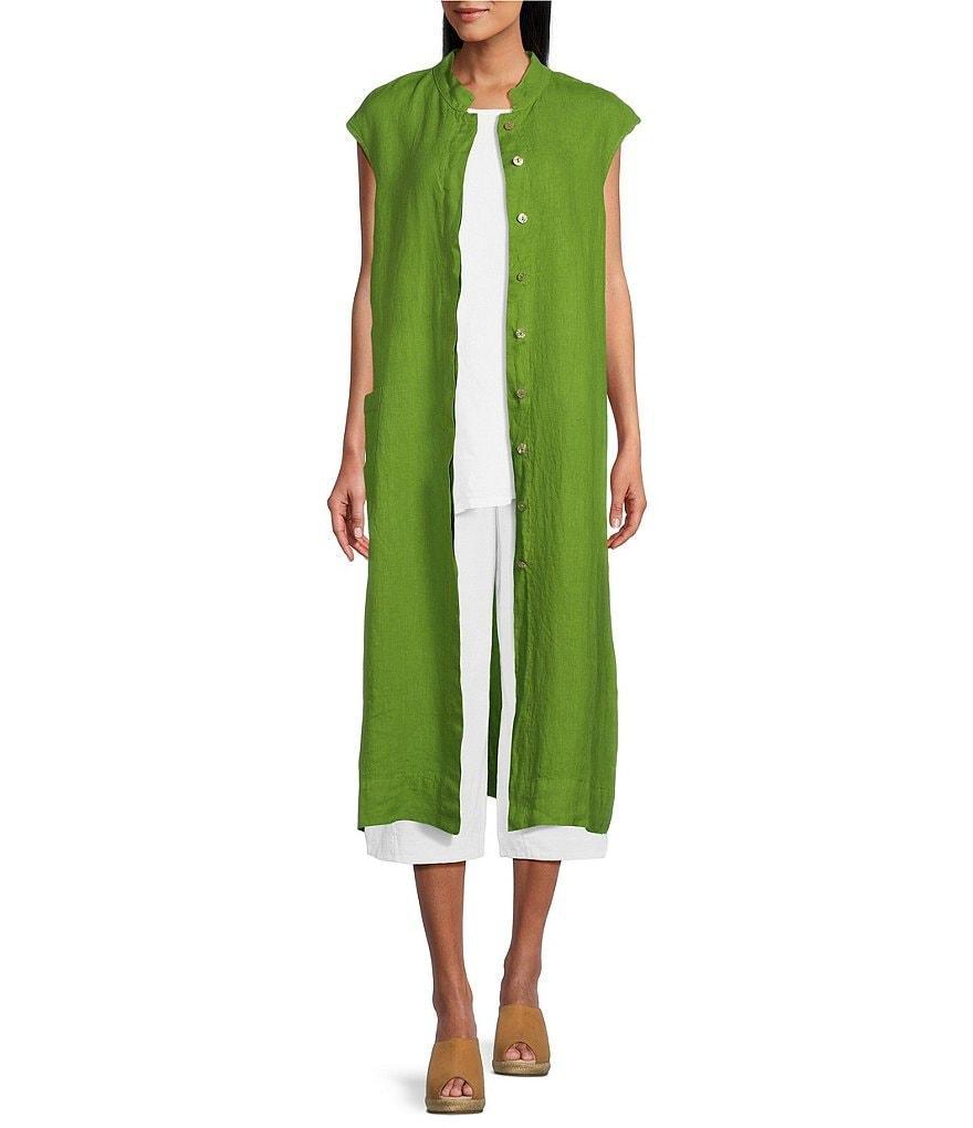 Bryn Walker Keaton Solid Light Linen Mandarin Collar Cap Sleeve Patch Pocket Button-Front Midi Vest Product Image