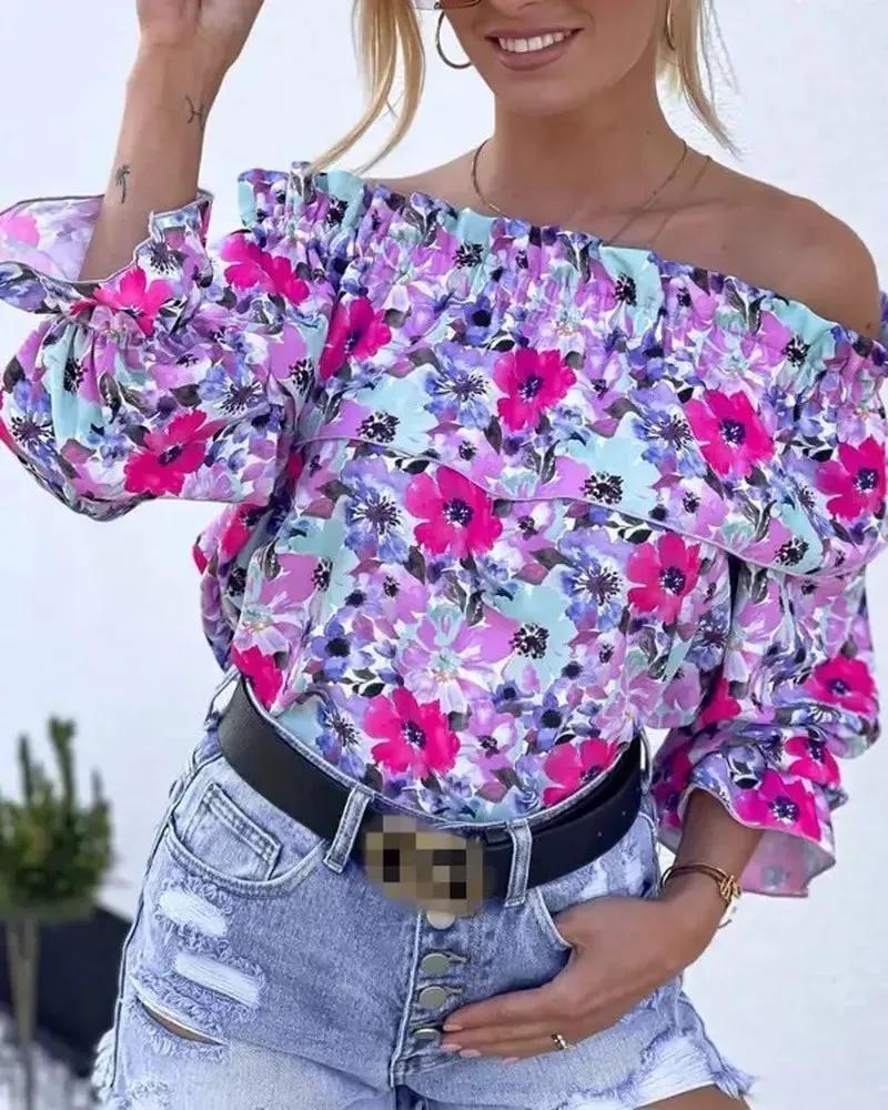 Olivia Mark – Ruched ruffled off-the-shoulder top in floral print Product Image