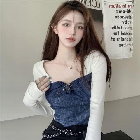 Mock Two-Piece Long-Sleeve Square-Neck Denim Buckled Top Product Image