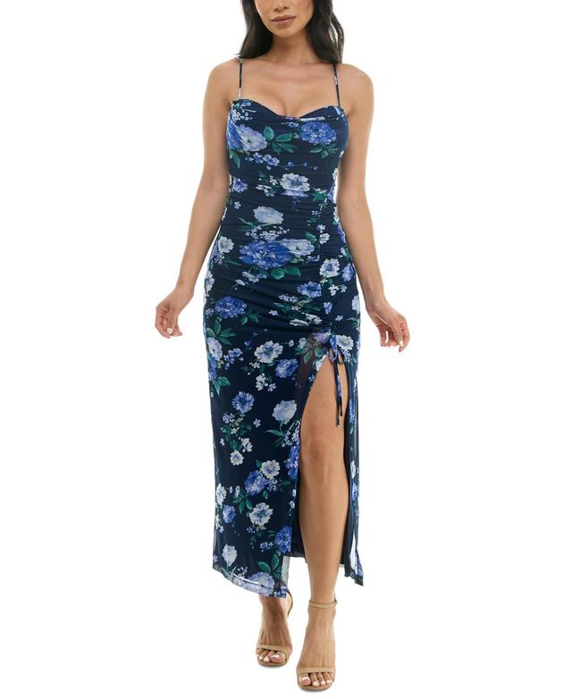 Speechless Womens Mesh Floral Cowlneck Split Midi Dress Product Image