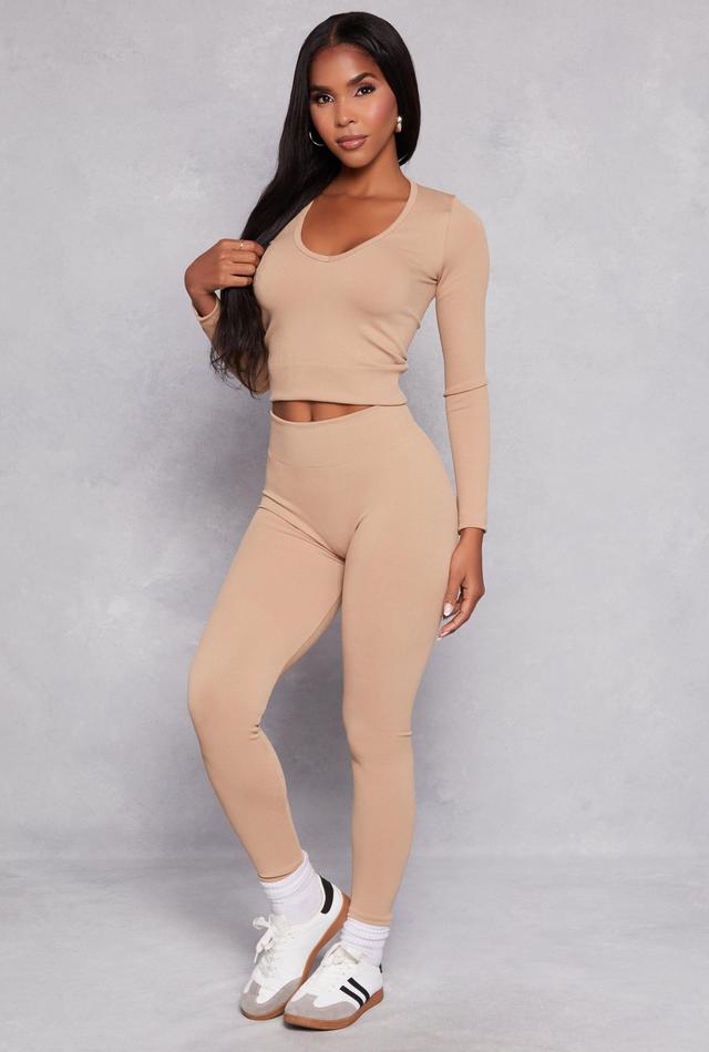 Womens Seamless Ribbed Knit Long Sleeve Top and Leggings Set Product Image